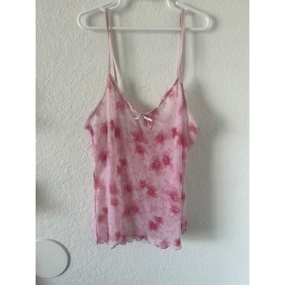 Vintage Pink Floral Mesh Camisole Sheer Bow Lettuce Hem Cami Top Coquette